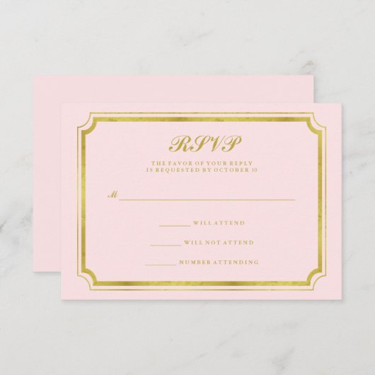 ピンクエレガントな赤面およびRSVPを結婚するフェイクな金ゴールド 出欠カード (正面/裏面)