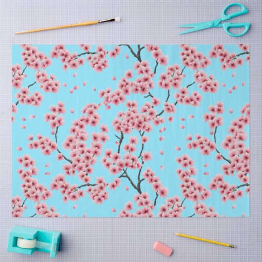 ピンクエレガントのさくらんぼ咲くスカイブルークリスマス 薄葉紙 (クラフト)