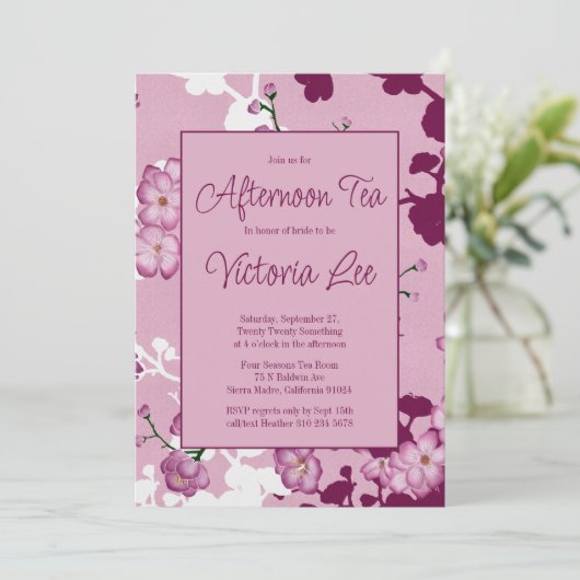 ピンクエレガントのさくらんぼ花アフタヌーンティー 招待状 (スタンド正面)