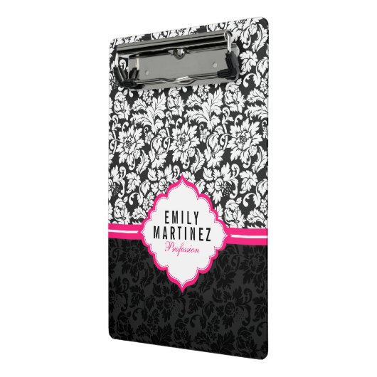 ピンクエレガントのを持つ白黒ダマスクストライプ ミニクリップボード (アングル2)