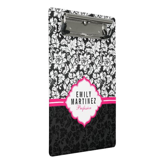ピンクエレガントのを持つ白黒ダマスクストライプ ミニクリップボード (アングル)
