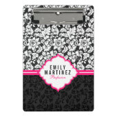 ピンクエレガントのを持つ白黒ダマスクストライプ ミニクリップボード (正面)