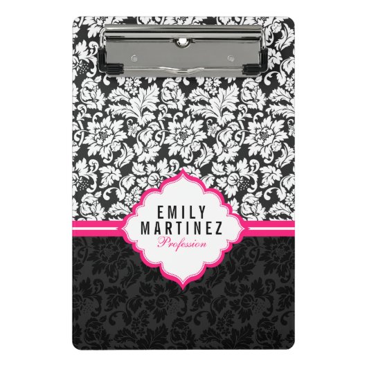 ピンクエレガントのを持つ白黒ダマスクストライプ ミニクリップボード (正面)