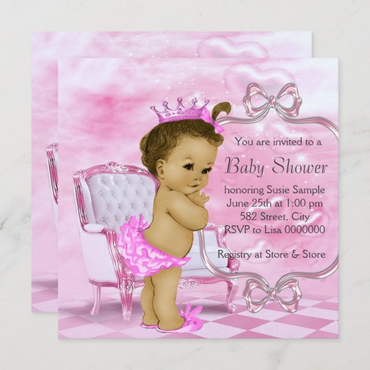 ピンクエレガントのアフリカ系アメリカ人の赤ちゃんシャワー 招待状 (正面/裏面)