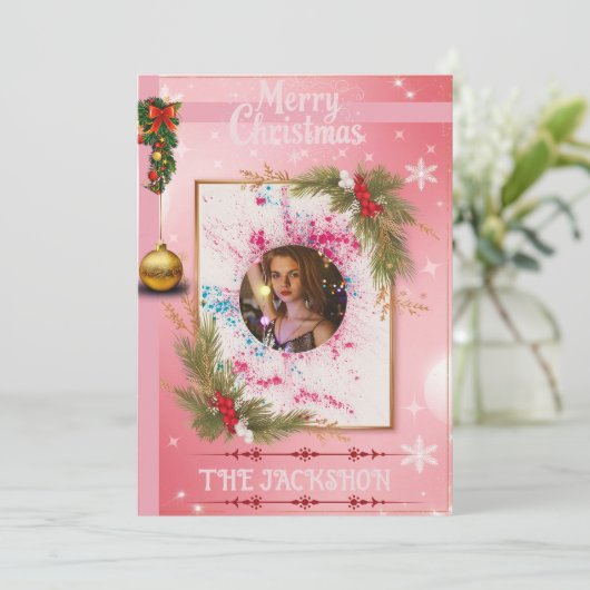 ピンクエレガントのクリスマスカーカスタムドとPhotoFrame 招待状 (スタンド正面)