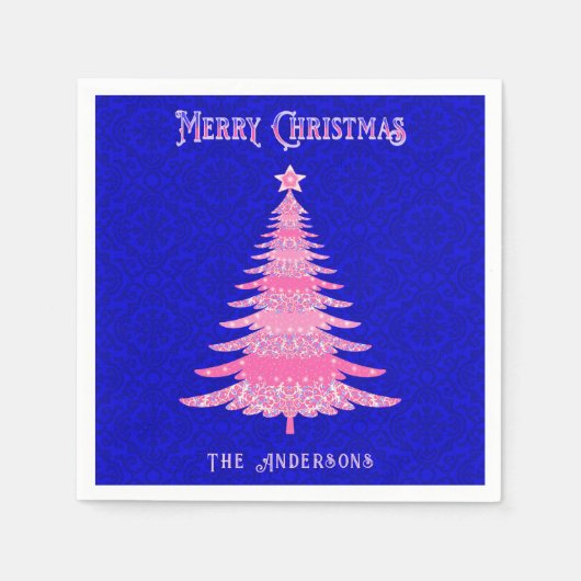 ピンクエレガントのクリスマスツリーの雪パーソナライズされた片 スタンダードカクテルナプキン (正面)