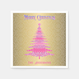 ピンクエレガントのクリスマスツリー金ゴールド名オーナメント スタンダードカクテルナプキン