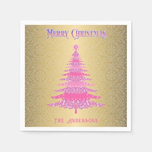ピンクエレガントのクリスマスツリー金ゴールド名オーナメント スタンダードカクテルナプキン (正面)