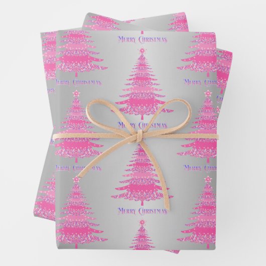 ピンクエレガントのクリスマスツリー銀箔ギフト ラッピングペーパーシート (インサイチュ)