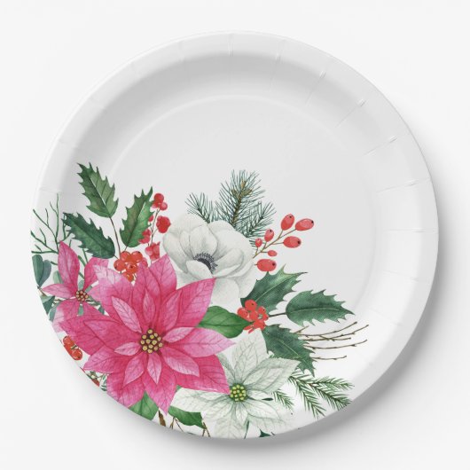 ピンクエレガントのクリスマスポインセチア ペーパープレート (正面)