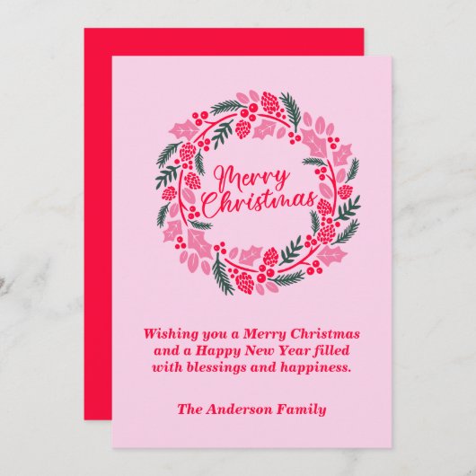 ピンクエレガントのクリスマスリース シーズンカード (正面/裏面)