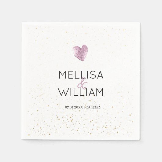 ピンクエレガントのグリッターカスタムハートカップル名の日付 スタンダードカクテルナプキン (正面)