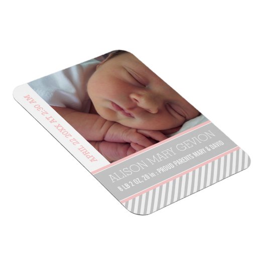 ピンクエレガントのグレーストライプのの赤ちゃん女の子誕生 マグネット (右側)