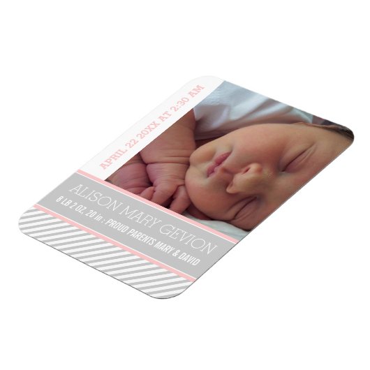 ピンクエレガントのグレーストライプのの赤ちゃん女の子誕生 マグネット (左側)