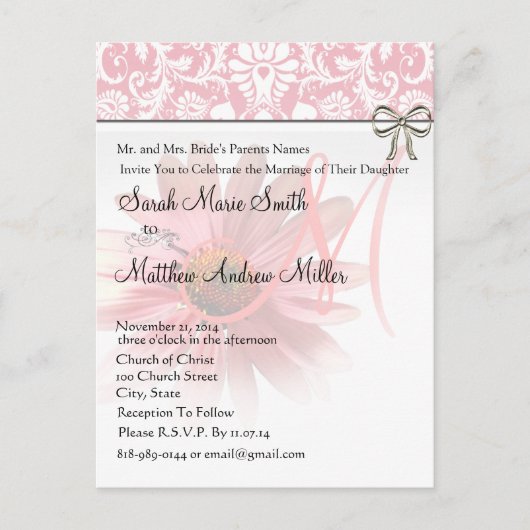 ピンクエレガントのコンフ結婚ロー インビテーションポストカード (正面)