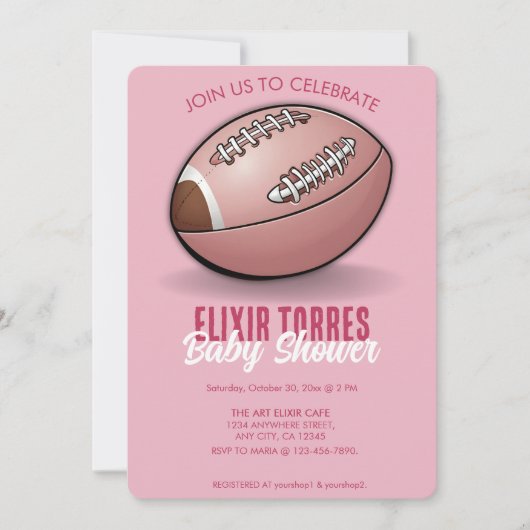 ピンクエレガントのサッカーの赤ちゃんシャワー 招待状 (正面)