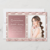ピンクエレガントのサテン真珠の宝石写真キンチェニェラ 招待状 (正面)