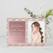 ピンクエレガントのサテン真珠の宝石写真キンチェニェラ 招待状 (スタンド正面)