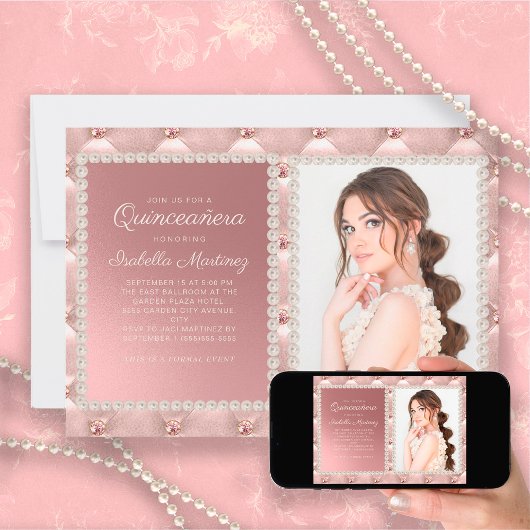 ピンクエレガントのサテン真珠の宝石写真キンチェニェラ 招待状