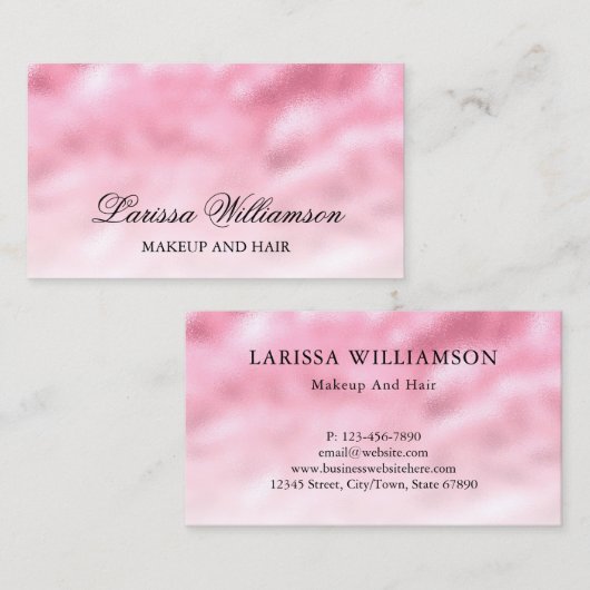 ピンクエレガントのサテン箔ヘアメイクアップ美しい 名刺 (正面/裏面)