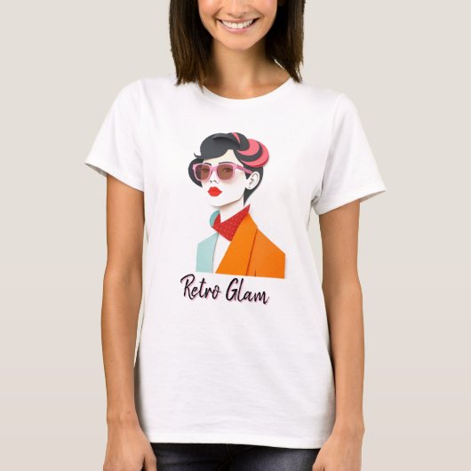ピンクエレガントのサングラスを持つレトロ女性 Tシャツ (正面)