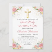 ピンクエレガントのサンゴフローラファーストホーリーコミュニオン 招待状 (正面)