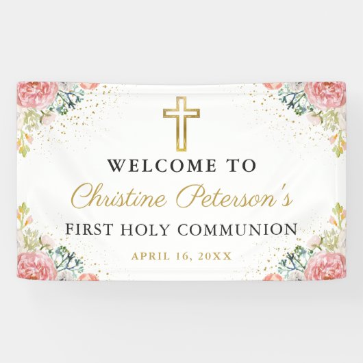 ピンクエレガントのサンゴフローラファーストホーリーコミュニオン 横断幕 (横)