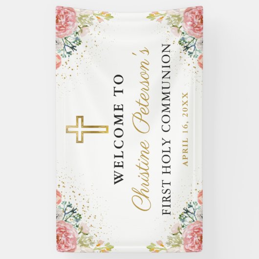 ピンクエレガントのサンゴフローラファーストホーリーコミュニオン 横断幕 (縦)