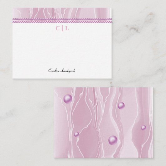 ピンクエレガントのシルク&ピンクの真珠モノグラムの ノートカード (正面/裏面)