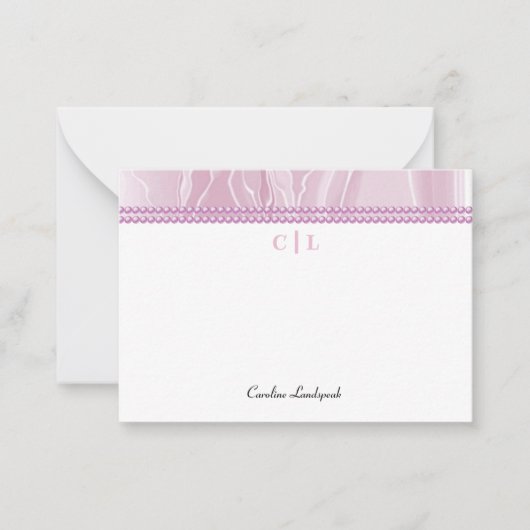 ピンクエレガントのシルク&ピンクの真珠モノグラムの ノートカード (正面)