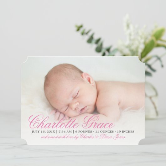 ピンクエレガントのスクリプトの誕生発表 案内状 (スタンド正面)