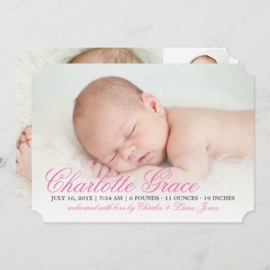 ピンクエレガントのスクリプトの誕生発表 案内状 (正面/裏面)