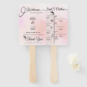 ピンクエレガントのスクリプト結婚式 プログラムとタイムライン ハンドファン (正面&裏面)