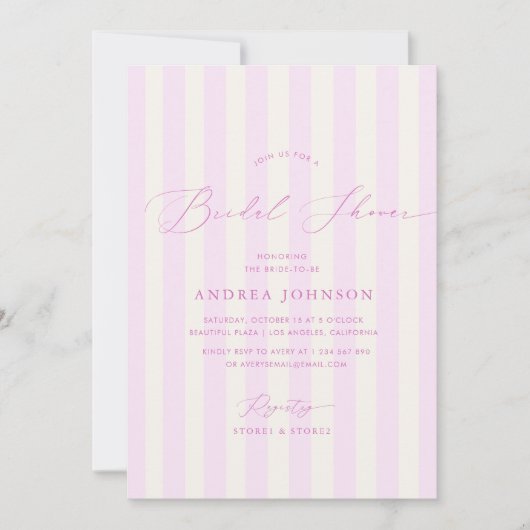 ピンクエレガントのストライプブライダル・シャワー 招待状 (正面)
