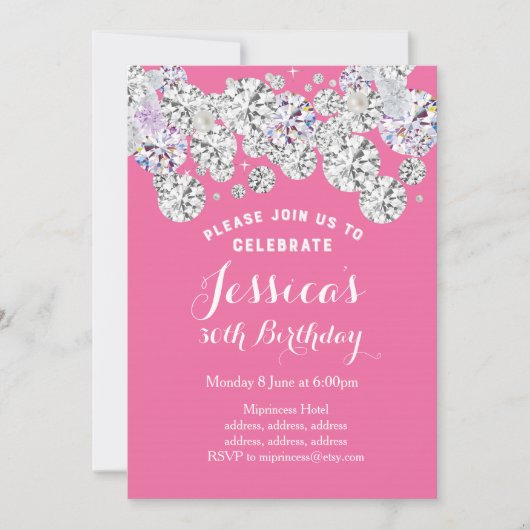 ピンクエレガントのダイヤモンド、グリッター誕生日の招待状 招待状 (正面)