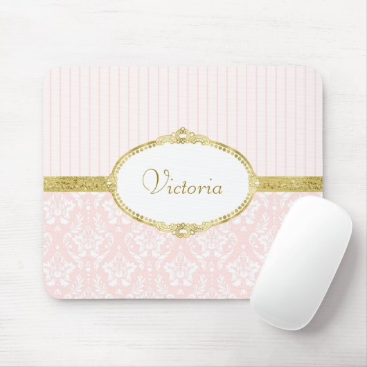 ピンクエレガントのダマスクヴィンテージ金ゴールドフレームと名前 マウスパッド (マウス)