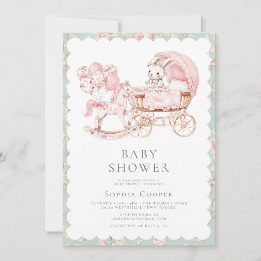 ピンクエレガントのチャイノワジェリー女の子の赤ちゃんシャワー 招待状 (正面)