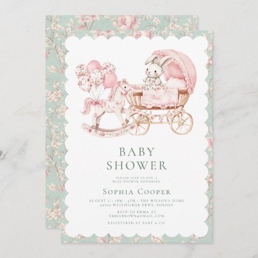 ピンクエレガントのチャイノワジェリー女の子の赤ちゃんシャワー 招待状 (正面/裏面)