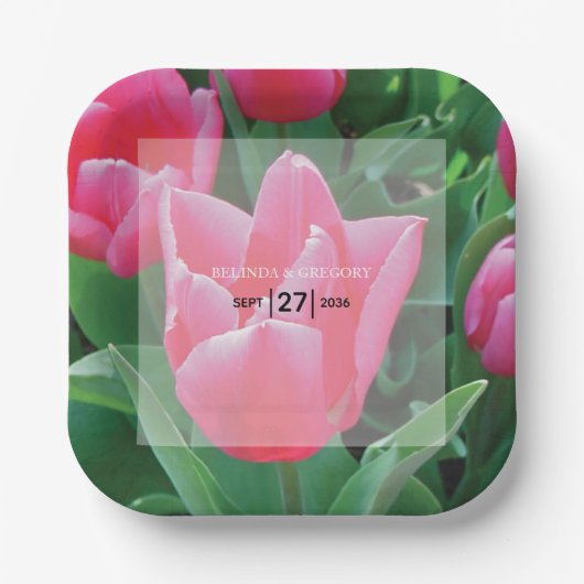 ピンクエレガントのチューリップ結婚ズ ペーパープレート (正面)