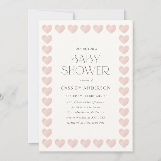 ピンクエレガントのハートバレンタインの赤ちゃんシャワー 招待状 (正面)