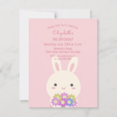 ピンクエレガントのバニーとフラワーガール誕生日写真 招待状 (正面)