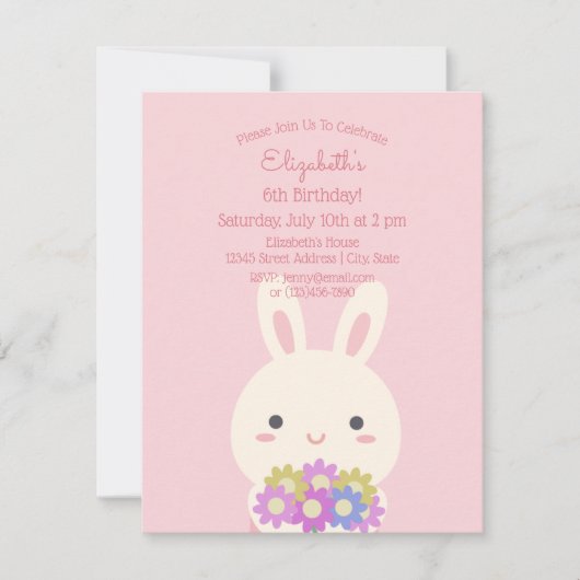 ピンクエレガントのバニーとフラワーガール誕生日写真 招待状 (正面)