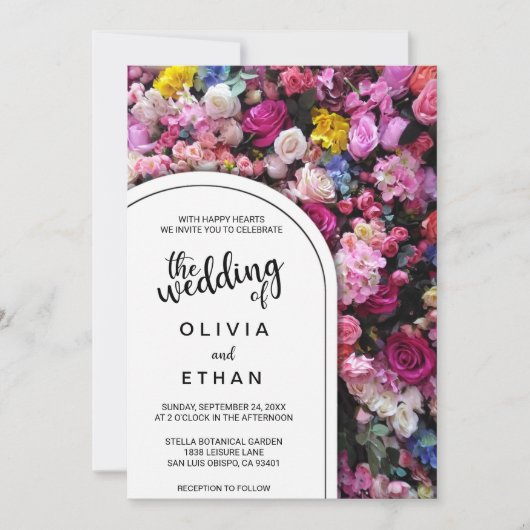 ピンクエレガントのバラが夏のフローラの結婚花 招待状 (正面)