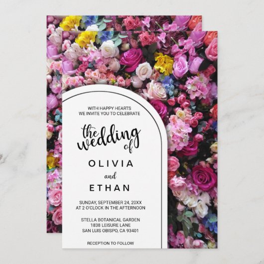 ピンクエレガントのバラが夏のフローラの結婚花 招待状 (正面/裏面)