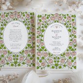 ピンクエレガントのバラとグリーンのハート結婚ズ 招待状