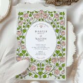 ピンクエレガントのバラとグリーンのハート結婚ズ 招待状