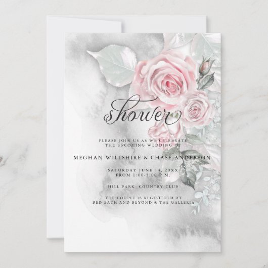 ピンクエレガントのバラとグレーウォーターの色 招待状 (正面)