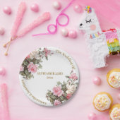 ピンクエレガントのバラとゴールデンフォント紙プレート ペーパープレート (パーティー)