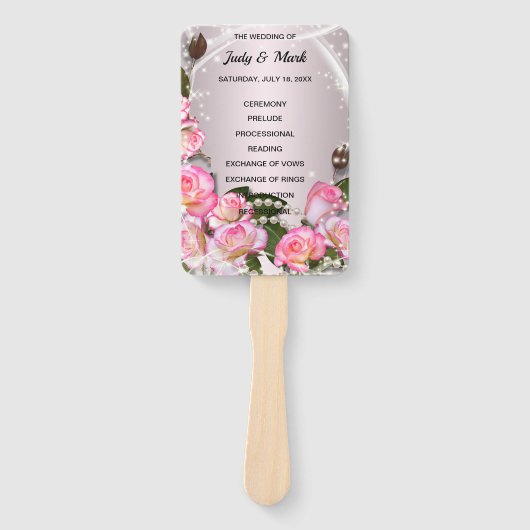 ピンクエレガントのバラとパール結婚式 プログラム ハンドファン (正面)