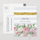 ピンクエレガントのバラとフェイク金ゴールドストライプありがとう ポストカード (正面/裏面)